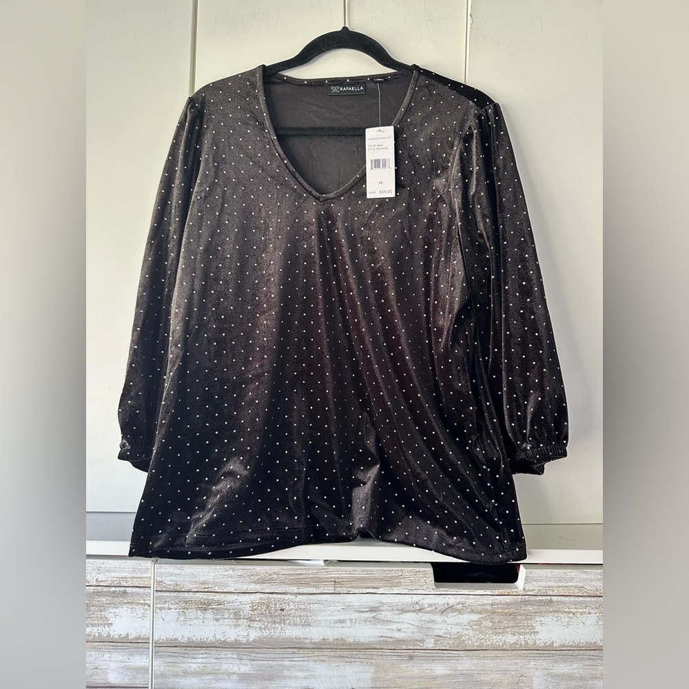 ✨ Rafaella Velvet Polka Dot Blouse Black Sparkle Top Size M NWT